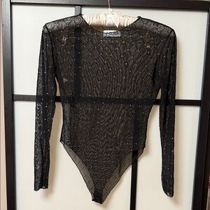 Black Mesh Crystal Embellished Diamond Grid Rave Bodysuit